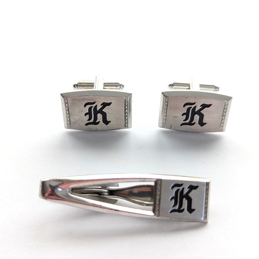 Vintage Hickok USA Silver Tone K Initial Tie Tack and Cuff Links Set